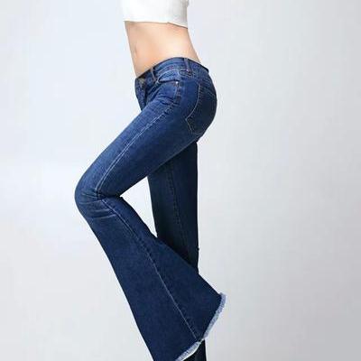 Solid Color Bell-bottomed Middle Waist Long Pants..