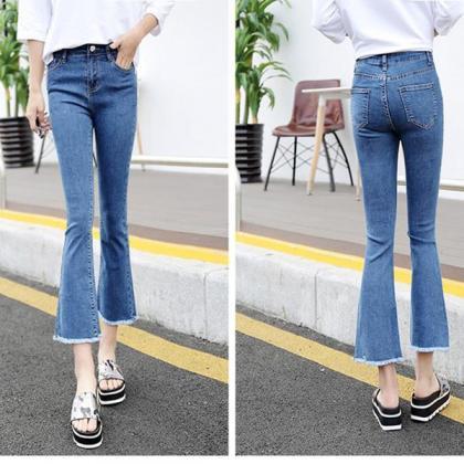 Solid Color Middle Waist Bell-bottomed 9/10 Jeans
