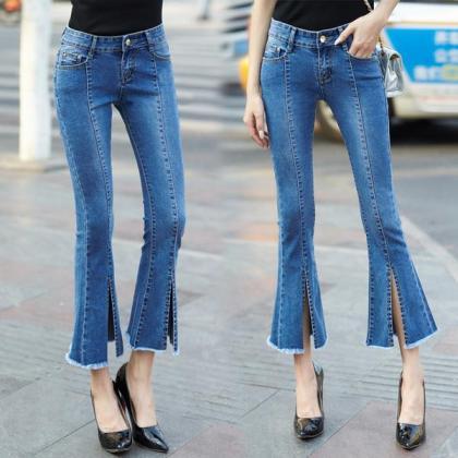 Solid Color Bell-bottomed Split 9/10 Jeans Denim Pants on Luulla