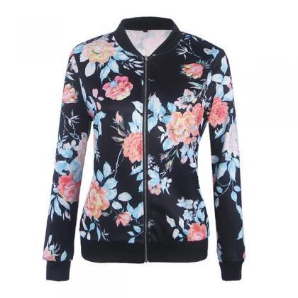 Floral Print Stand Collar Zipper Short Coat