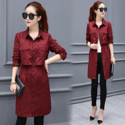 Stand Collar Button Pockets Decorate Slim Long..