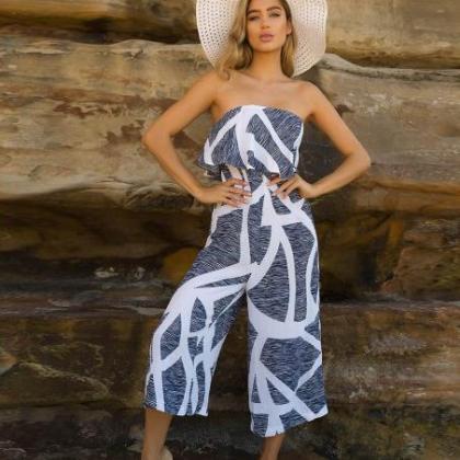 Striped Strapless Sleeveless Ankle Length Jumpsuit