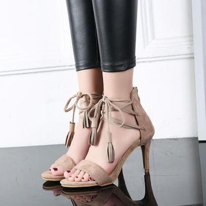 Open Toe Suede High Heel Sandals With Tassel Ankle..