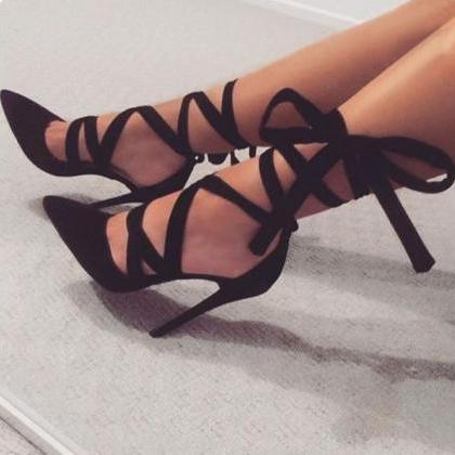 Faux Suede Lace-up Pointed-toe High Heel Stilettos