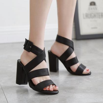 Open Toe Straps Ankle Wrap Chunky Heel Sandals