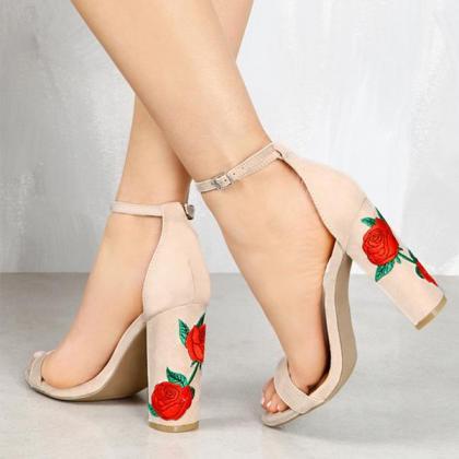 Chunky High Heel Open Toe Sandals Featuring Floral..