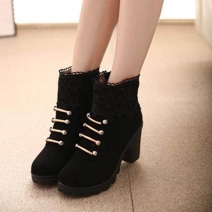 Beads Lace Decorate Chunky Heel Side Zipper Short..