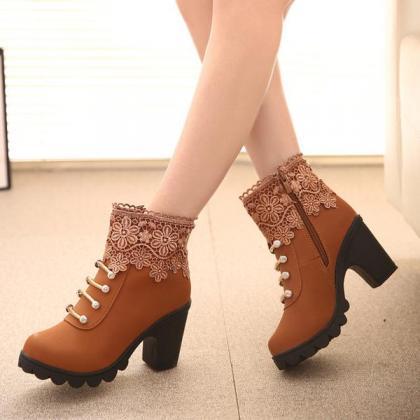 Beads Lace Decorate Chunky Heel Side Zipper Short..