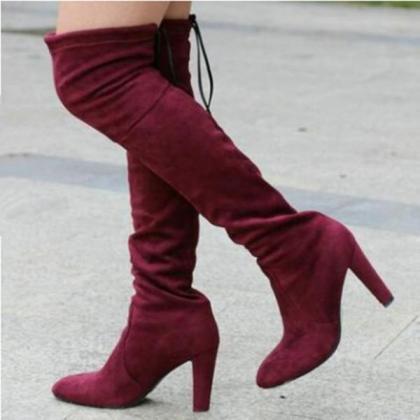 Faux Suede Rounded-toe Over-the-knee High Heel..