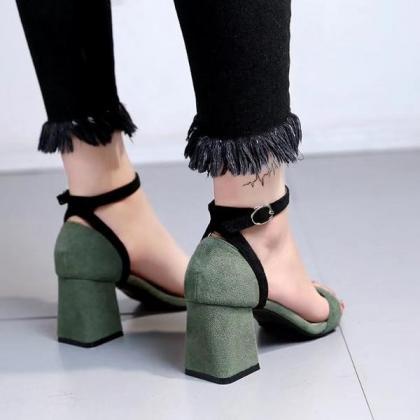 Chunky Heel Suede Open Toe Sandals With Slender..