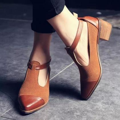 Pointed Toe Ankle Strap Leather And Suede Heeled..