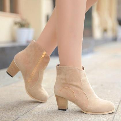 Chunky Heels Suede Pointed Toe Short Boots Pumps