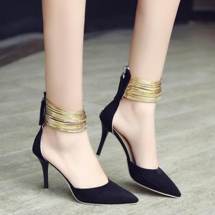 Pointed Toe Shinning Ankle Wraps Low Cut Stiletto..
