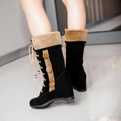 Round Toe Lace Up Faux Fur Decorate Inside Heels..