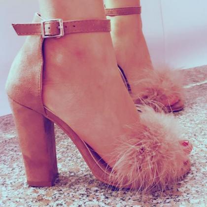 Faux Fur Decorate Open Toe Ankle Wrap Chunky High..
