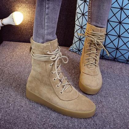 Lace Up Round Toe Suede Flat Short Martin Boots