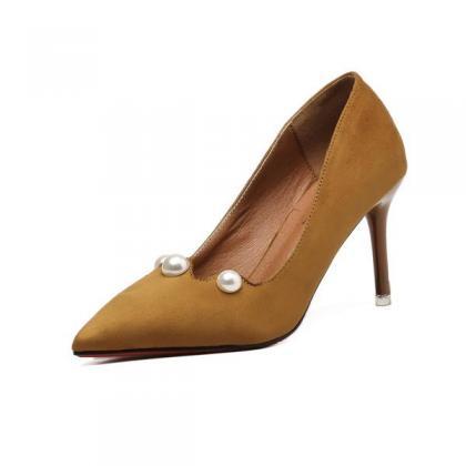Pearl Embellished Faux Suede Pointed-toe High Heel..