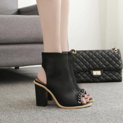 Metal Chain Decorate Cut Out Peep Toe Chunky Heels..