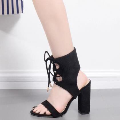 Lace Up Ankle Wrap Open Toe Chunky Heels Sandals