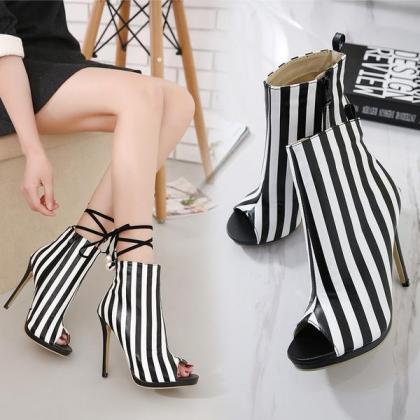 Striped Peep Toe Ankle Boots With Lace-up And Side..