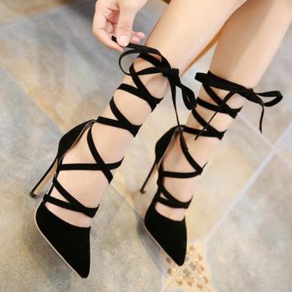 Pointed Toe Suede Stiletto Pumps With Criss-cross..
