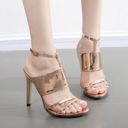 Shiny Open-toe Wrap T-strap Stiletto Heels, High..