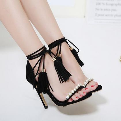 Open-toe Pearl Embellished Ankle Strap Stiletto..