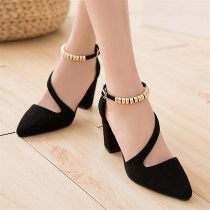 Pointed Toe Ankle Beadings Wrap Low Chunky Heels..