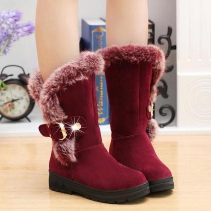 Faux Fur Decorate Round Toe Chunky Heel Long Snow..