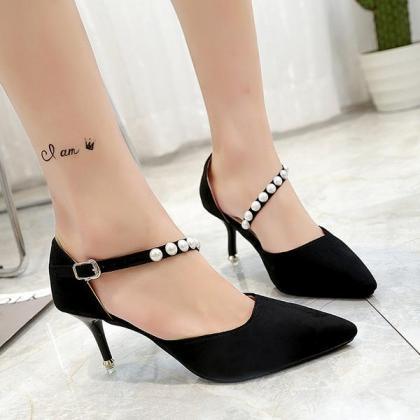 Pointed-toe Stiletto Pumps With Asymmetrical Pearl..