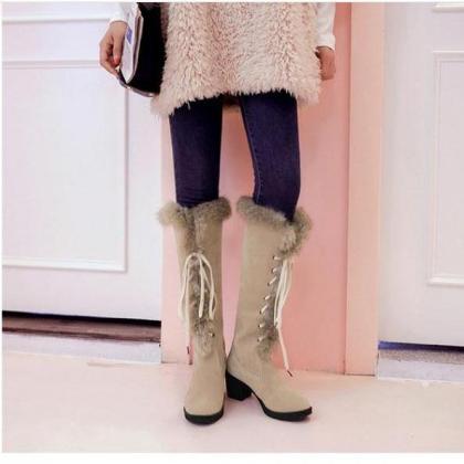Round Toe Lace Up Suede Faux Fur Low Chunky Heel..