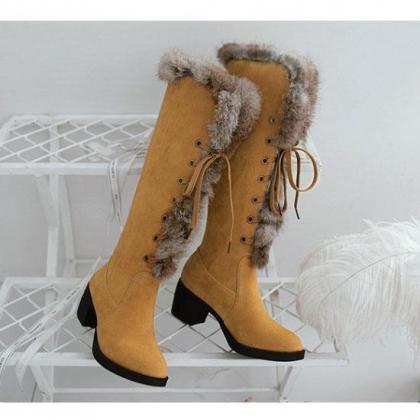 Round Toe Lace Up Suede Faux Fur Low Chunky Heel..