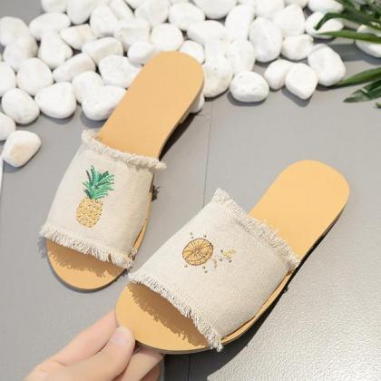Pineapple Print Denim Slide Sandals Featuring..
