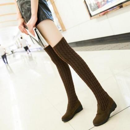 Faux Suede Rounded-toe Knit Over-the-knee Flat..