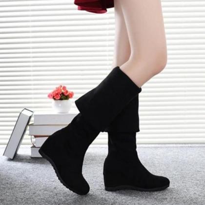 Solid Color Round Toe Inside Heels Wedge Over-knee..