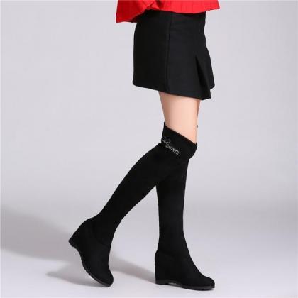 Inside Wedge Round Toe Pure Color Over-knee Long..