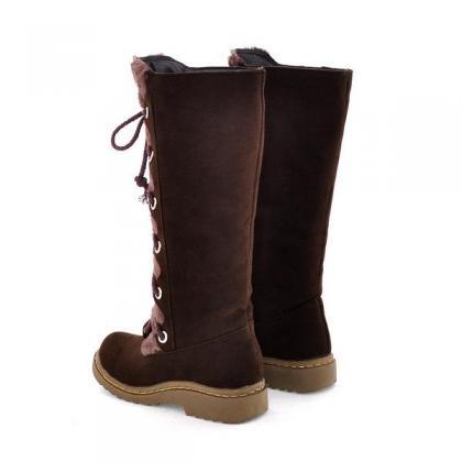 Lace Up Round Toe Flat Long Snow Boots