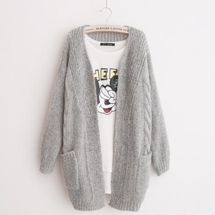 V-neck Knit Cable Pockets Pure Color Long Cardigan