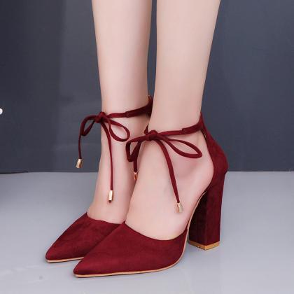 Pointed Toe Suede Front - Tie Pumps With High..