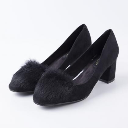 Faux Fur Rounded Toe Low Chunky Heel Suede Pumps