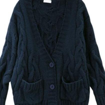 Cable Knit Deep V-neck Buttons Pockets Loose..