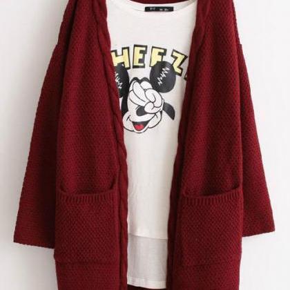 Solid Color Pockets Cable Knit Loose Cardigan