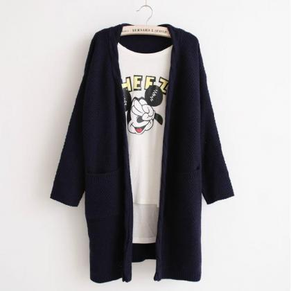 Solid Color Pockets Cable Knit Loose Cardigan
