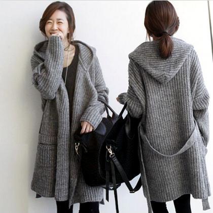 Pure Color Long Sleeves Pockets Long Hooded..