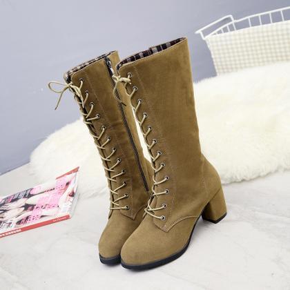 Round Toe Lace Up Chunky Low Heels Half Boots