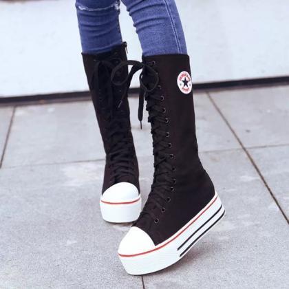 Canvas Lace Up Flat Round Toe Half Sneaker Boots
