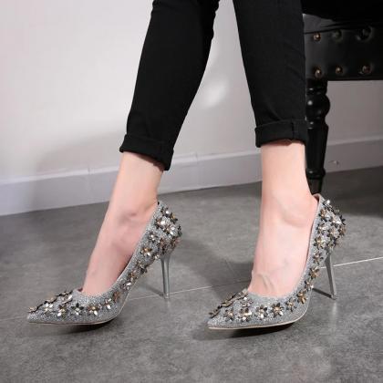 Pointed Toe Sequin High Heel Pumps With Floral..