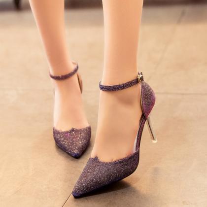 Glitter Pointed-toe Ankle Strap High Heel..