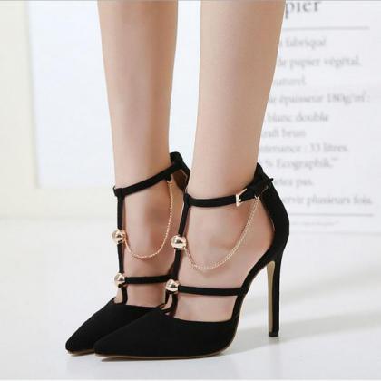 Chain Decorate Pointed Toe Ankle Wrap Stiletto..