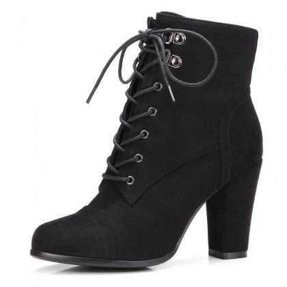 Faux Suede Pointed-toe Lace-up Chunky Heel Ankle..